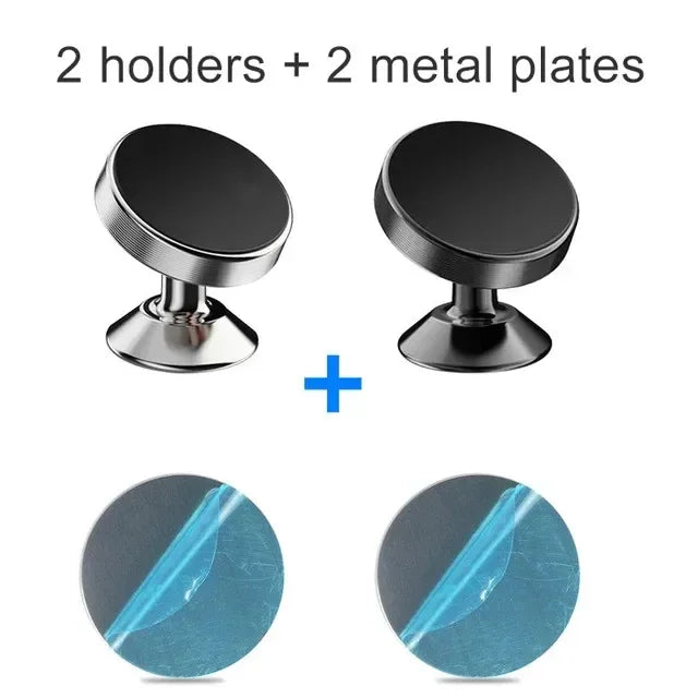Suporte magnético universal para celular, compatível com diversas marcas (iPhone, Samsung, Xiaomi, Huawei). Possui fixação por adesivo, podendo ser instalado no painel do carro ou em paredes.