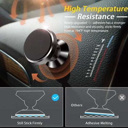 Suporte magnético universal para celular, compatível com diversas marcas (iPhone, Samsung, Xiaomi, Huawei). Possui fixação por adesivo, podendo ser instalado no painel do carro ou em paredes.