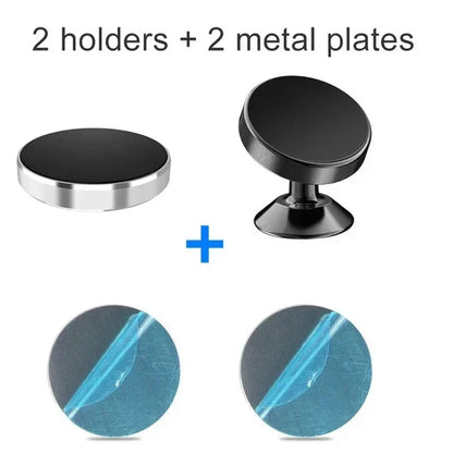Suporte magnético universal para celular, compatível com diversas marcas (iPhone, Samsung, Xiaomi, Huawei). Possui fixação por adesivo, podendo ser instalado no painel do carro ou em paredes.