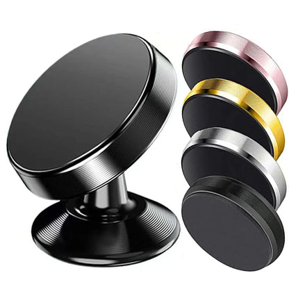 Suporte magnético universal para celular, compatível com diversas marcas (iPhone, Samsung, Xiaomi, Huawei). Possui fixação por adesivo, podendo ser instalado no painel do carro ou em paredes.