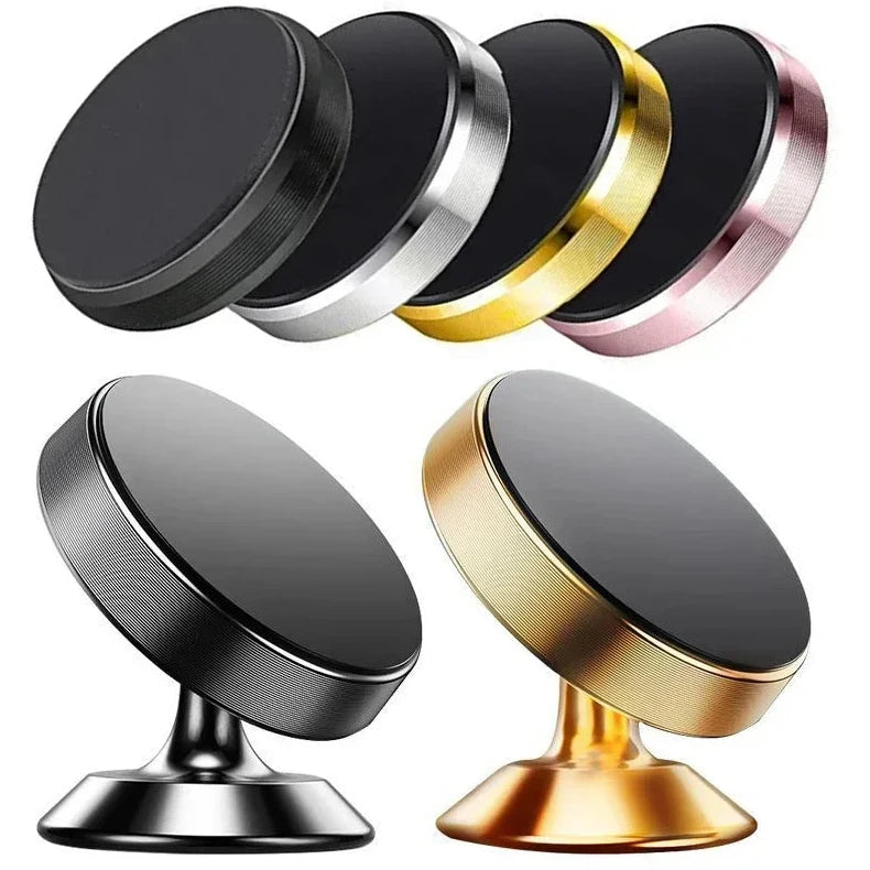 Suporte magnético universal para celular, compatível com diversas marcas (iPhone, Samsung, Xiaomi, Huawei). Possui fixação por adesivo, podendo ser instalado no painel do carro ou em paredes.