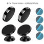 Suporte magnético universal para celular, compatível com diversas marcas (iPhone, Samsung, Xiaomi, Huawei). Possui fixação por adesivo, podendo ser instalado no painel do carro ou em paredes.
