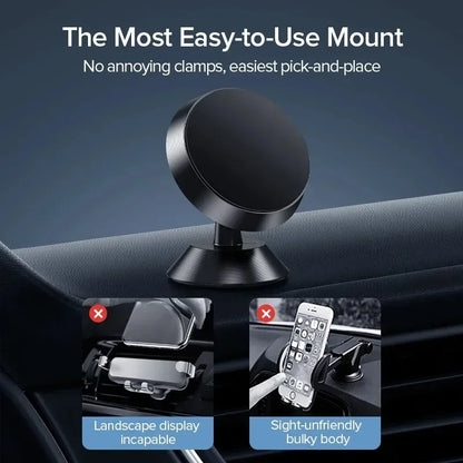 Suporte magnético universal para celular, compatível com diversas marcas (iPhone, Samsung, Xiaomi, Huawei). Possui fixação por adesivo, podendo ser instalado no painel do carro ou em paredes.