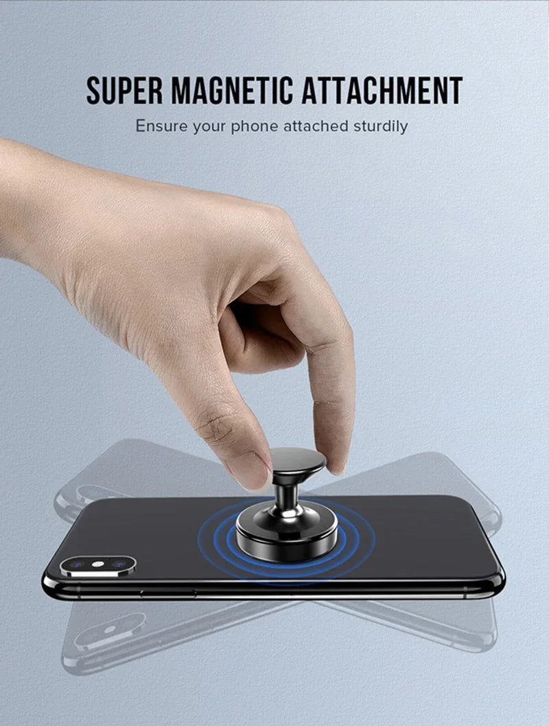 Suporte magnético universal para celular, compatível com diversas marcas (iPhone, Samsung, Xiaomi, Huawei). Possui fixação por adesivo, podendo ser instalado no painel do carro ou em paredes.