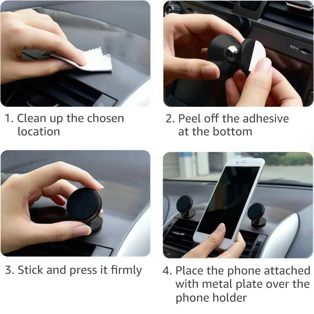 Suporte magnético universal para celular, compatível com diversas marcas (iPhone, Samsung, Xiaomi, Huawei). Possui fixação por adesivo, podendo ser instalado no painel do carro ou em paredes.