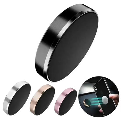 Suporte magnético universal para celular, compatível com diversas marcas (iPhone, Samsung, Xiaomi, Huawei). Possui fixação por adesivo, podendo ser instalado no painel do carro ou em paredes.