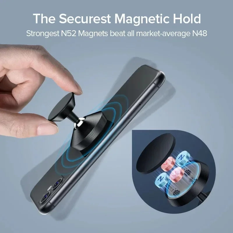 Suporte magnético universal para celular, compatível com diversas marcas (iPhone, Samsung, Xiaomi, Huawei). Possui fixação por adesivo, podendo ser instalado no painel do carro ou em paredes.