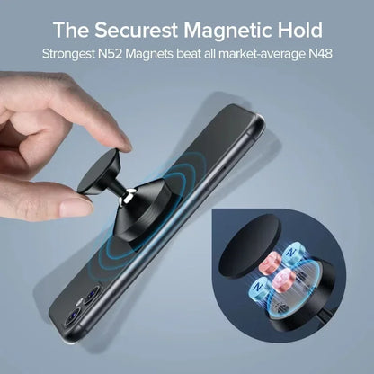 Suporte magnético universal para celular, compatível com diversas marcas (iPhone, Samsung, Xiaomi, Huawei). Possui fixação por adesivo, podendo ser instalado no painel do carro ou em paredes.