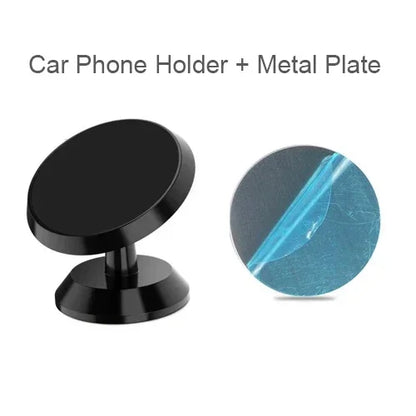 Suporte magnético universal para celular, compatível com diversas marcas (iPhone, Samsung, Xiaomi, Huawei). Possui fixação por adesivo, podendo ser instalado no painel do carro ou em paredes.