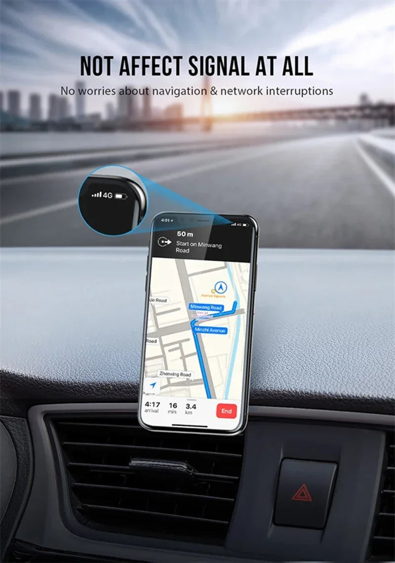 Suporte magnético universal para celular, compatível com diversas marcas (iPhone, Samsung, Xiaomi, Huawei). Possui fixação por adesivo, podendo ser instalado no painel do carro ou em paredes.