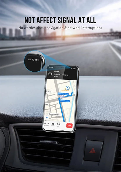 Suporte magnético universal para celular, compatível com diversas marcas (iPhone, Samsung, Xiaomi, Huawei). Possui fixação por adesivo, podendo ser instalado no painel do carro ou em paredes.
