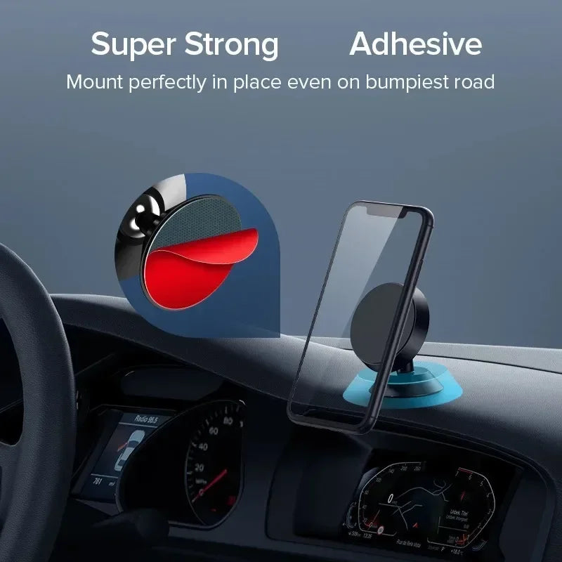 Suporte magnético universal para celular, compatível com diversas marcas (iPhone, Samsung, Xiaomi, Huawei). Possui fixação por adesivo, podendo ser instalado no painel do carro ou em paredes.