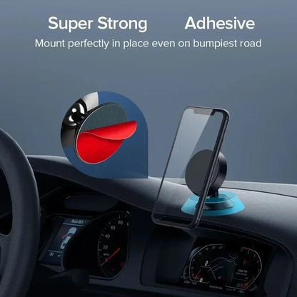 Suporte magnético universal para celular, compatível com diversas marcas (iPhone, Samsung, Xiaomi, Huawei). Possui fixação por adesivo, podendo ser instalado no painel do carro ou em paredes.