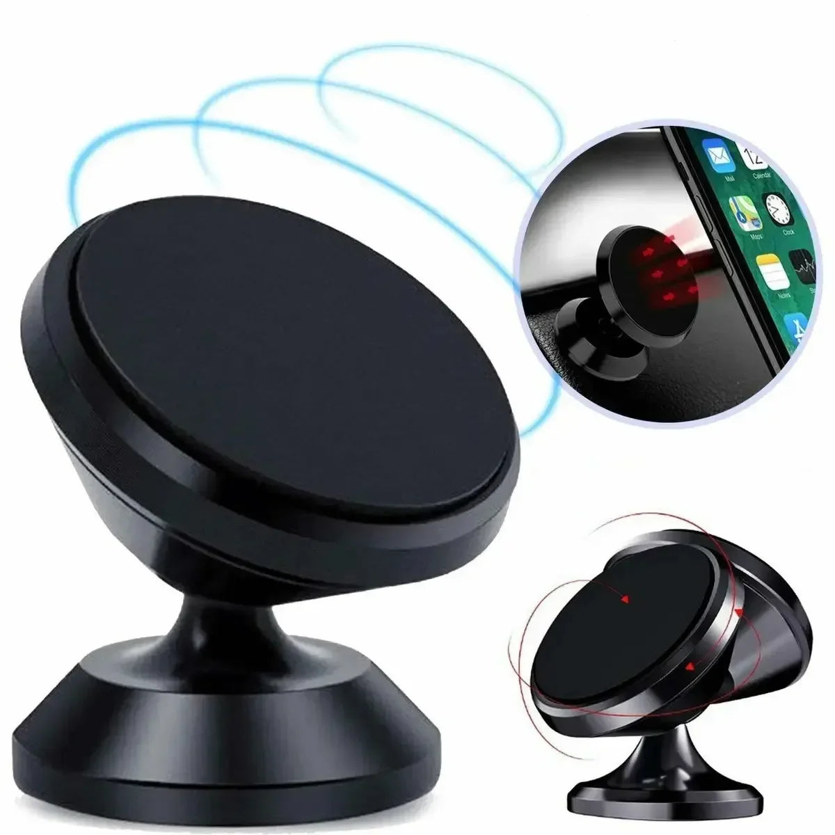 Suporte magnético universal para celular, compatível com diversas marcas (iPhone, Samsung, Xiaomi, Huawei). Possui fixação por adesivo, podendo ser instalado no painel do carro ou em paredes.