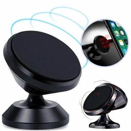 Suporte magnético universal para celular, compatível com diversas marcas (iPhone, Samsung, Xiaomi, Huawei). Possui fixação por adesivo, podendo ser instalado no painel do carro ou em paredes.