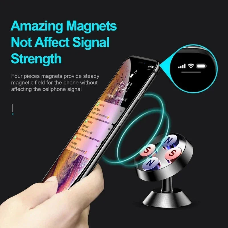 Suporte magnético universal para celular, compatível com diversas marcas (iPhone, Samsung, Xiaomi, Huawei). Possui fixação por adesivo, podendo ser instalado no painel do carro ou em paredes.