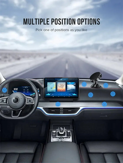 Suporte magnético universal para celular, compatível com diversas marcas (iPhone, Samsung, Xiaomi, Huawei). Possui fixação por adesivo, podendo ser instalado no painel do carro ou em paredes.