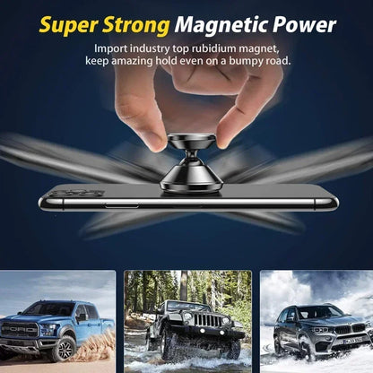 Suporte magnético universal para celular, compatível com diversas marcas (iPhone, Samsung, Xiaomi, Huawei). Possui fixação por adesivo, podendo ser instalado no painel do carro ou em paredes.