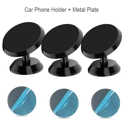 Suporte magnético universal para celular, compatível com diversas marcas (iPhone, Samsung, Xiaomi, Huawei). Possui fixação por adesivo, podendo ser instalado no painel do carro ou em paredes.