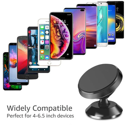 Suporte magnético universal para celular, compatível com diversas marcas (iPhone, Samsung, Xiaomi, Huawei). Possui fixação por adesivo, podendo ser instalado no painel do carro ou em paredes.