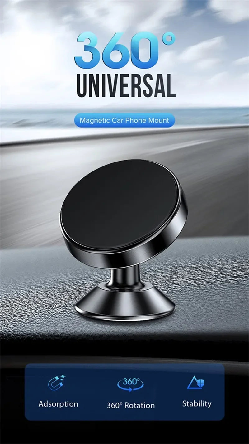 Suporte magnético universal para celular, compatível com diversas marcas (iPhone, Samsung, Xiaomi, Huawei). Possui fixação por adesivo, podendo ser instalado no painel do carro ou em paredes.